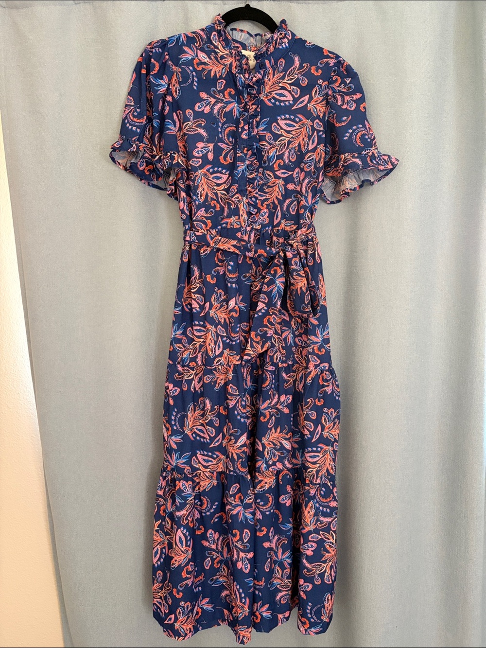 Umgee  Navy Floral Ruffle Dress with Tie Waist